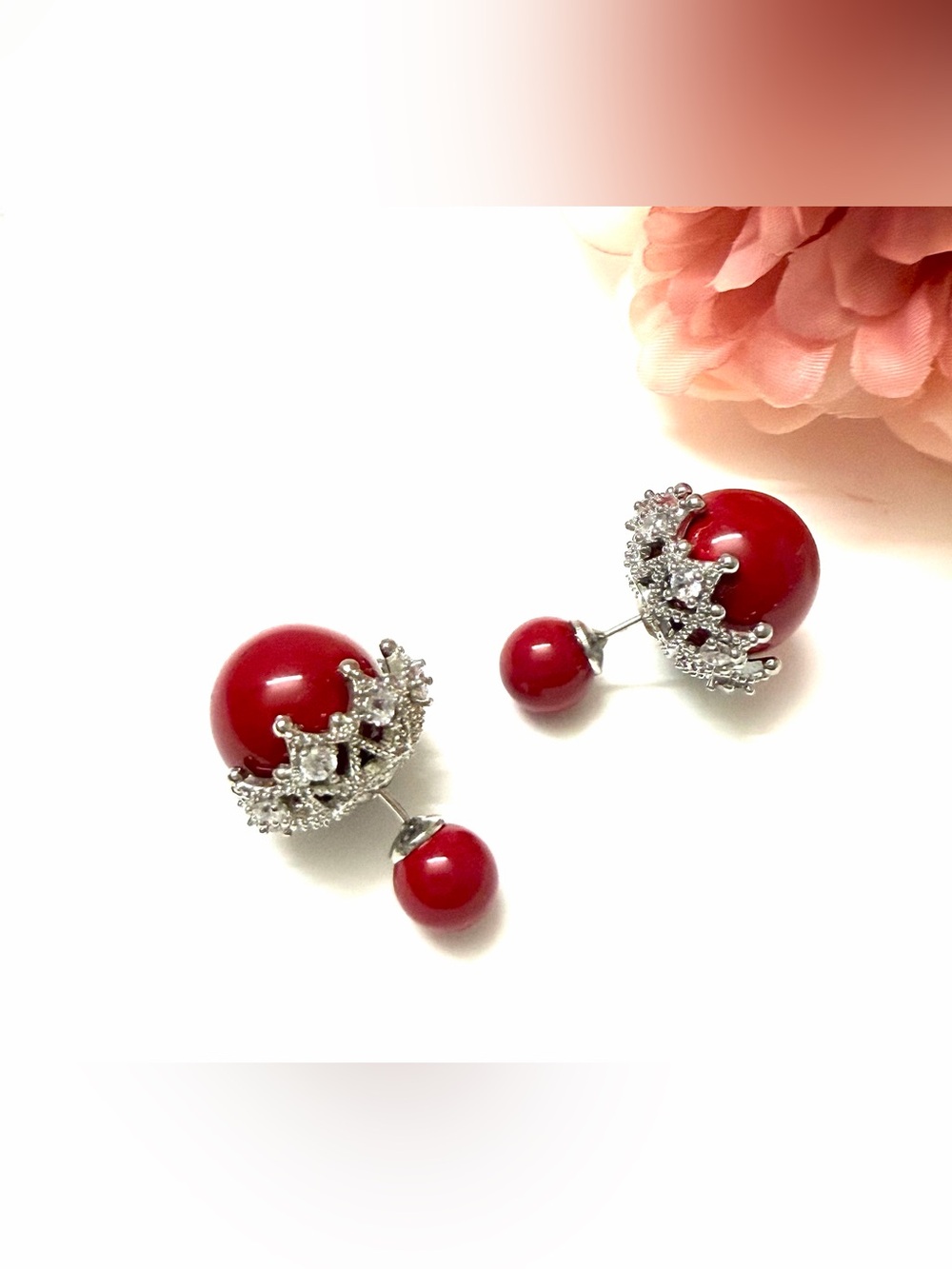 Red Double-Sided Pearl Crown Earrings